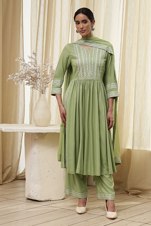 Olive Green Embroidered Gathered Suit Set image number 6
