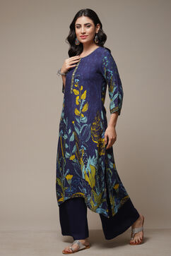 Navy Rayon Straight Printed Kurta image number 3