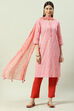 Red Printed Cotton Straight Kurta Slim Pant Suit Set image number 0