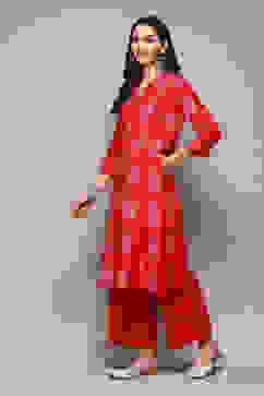 Pink Poly Chanderi A-Line Printed Kurta Palazzo Suit Set image number 3