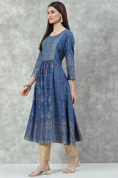 Blue Rayon A-Line Printed Kurta image number 2