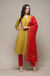 Yellow Cotton Handloom Unstitched Suit Set image number 8