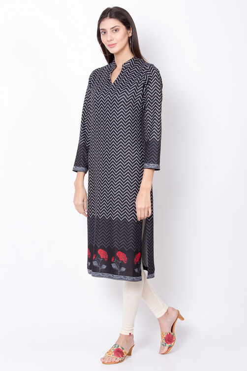 Black Straight Winter Printed Kurta image number 2