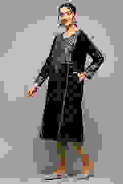 Black Poly Velvet Straight Printed Kurta image number 2