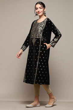 Black Poly Velvet Straight Printed Kurta image number 2