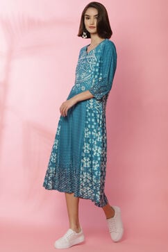 Turquoise Rayon A-Line Printed Dress image number 4