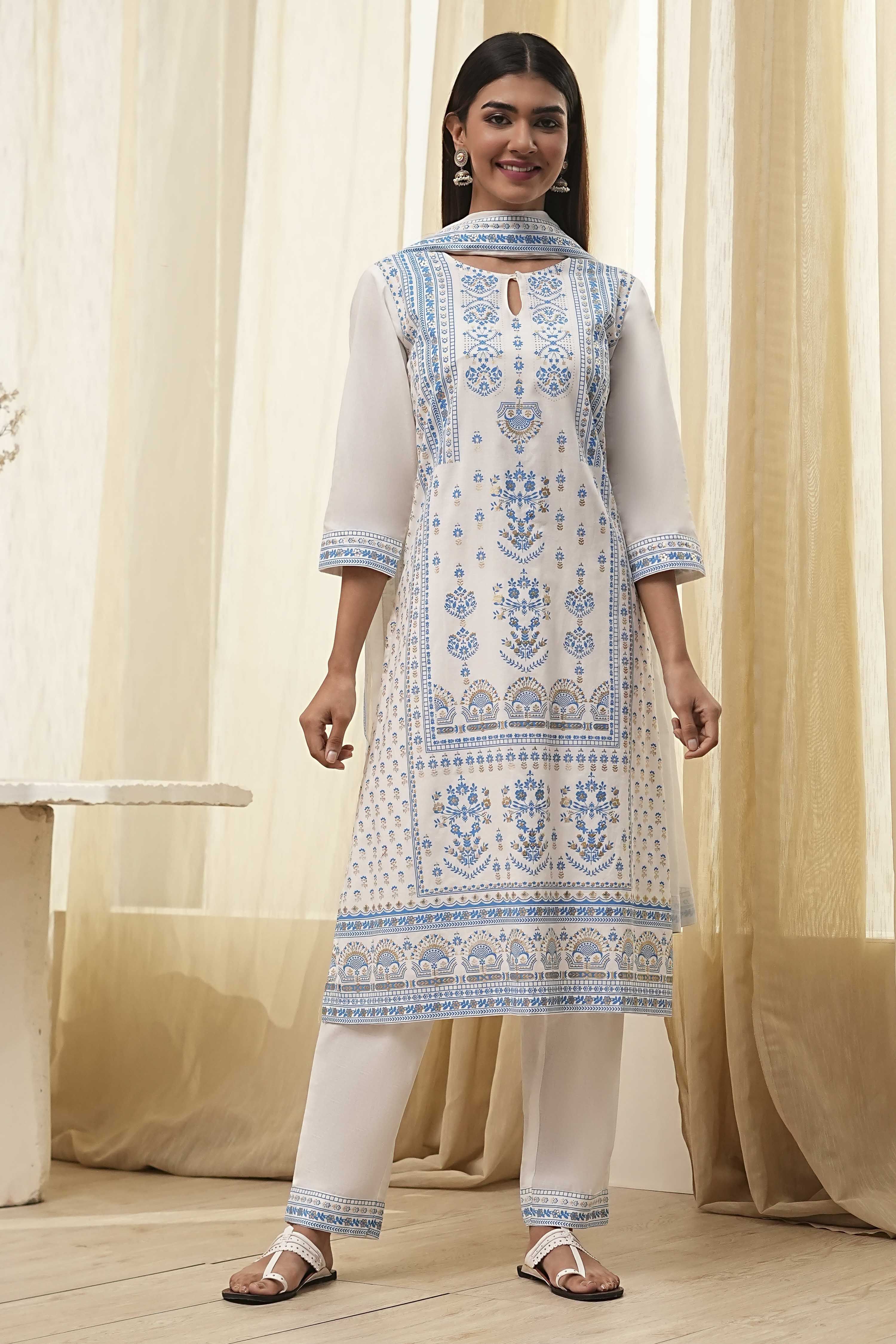 Off-White and Pink Cotton Straight Suit Set image number 6