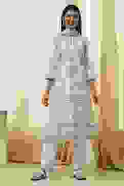 Off-White and Blue Cotton Straight Suit Set image number 6