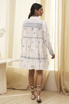 Off-White and Blue Cotton Floral Tiered Dress image number 3