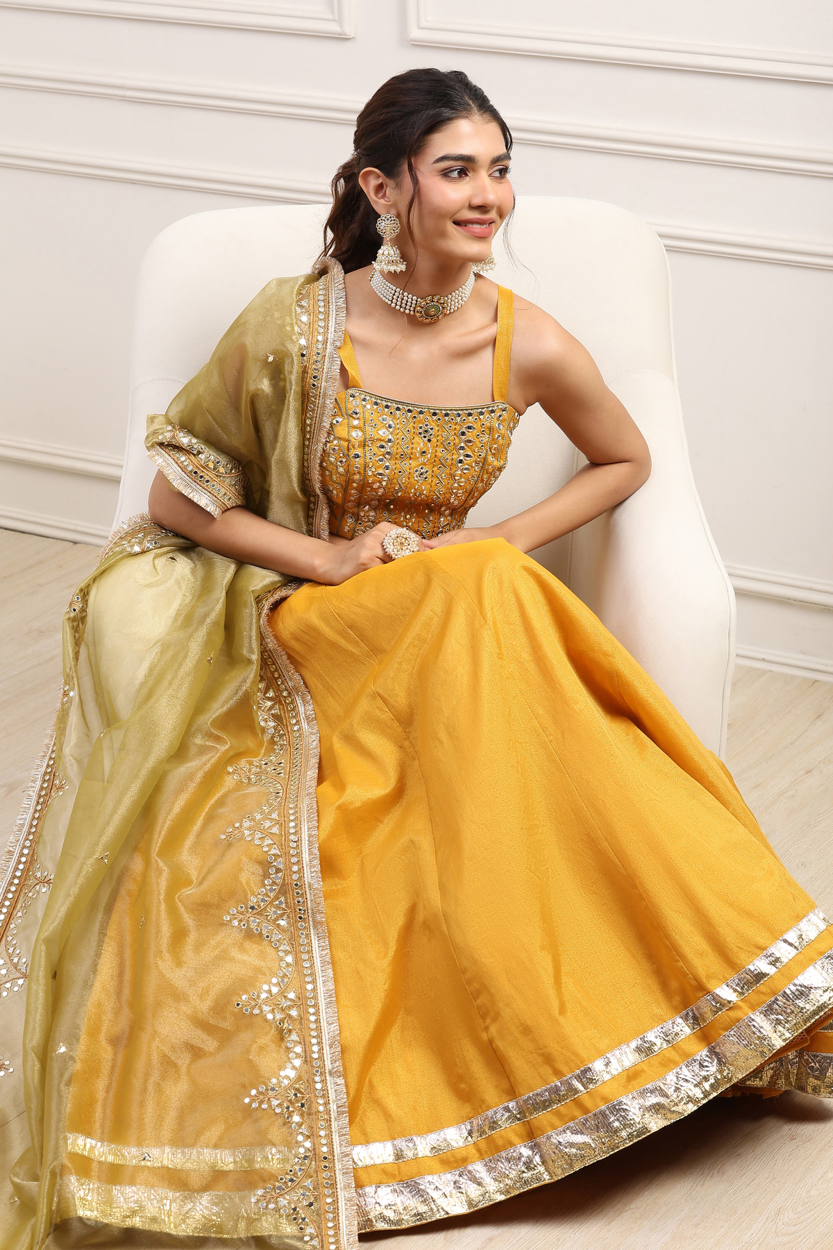 Yellow Cotton Zari Tissue Embroidered Lehenga Set