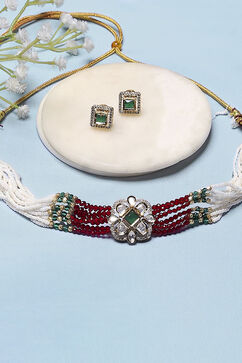 Maroon White Brass Choker Set image number 2
