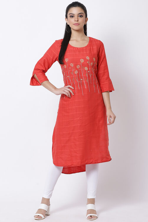 Red Cotton Straight Printed Kurta image number 0