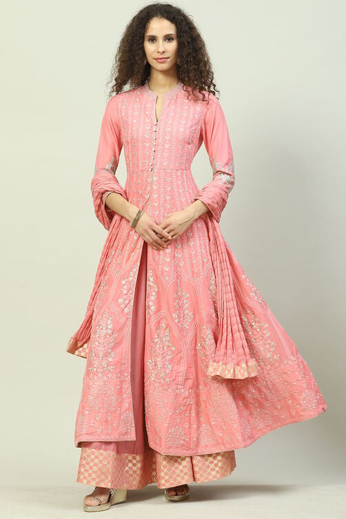Blush Pink Cotton Anarkali Kurta Lehenga Suit Set image number 0