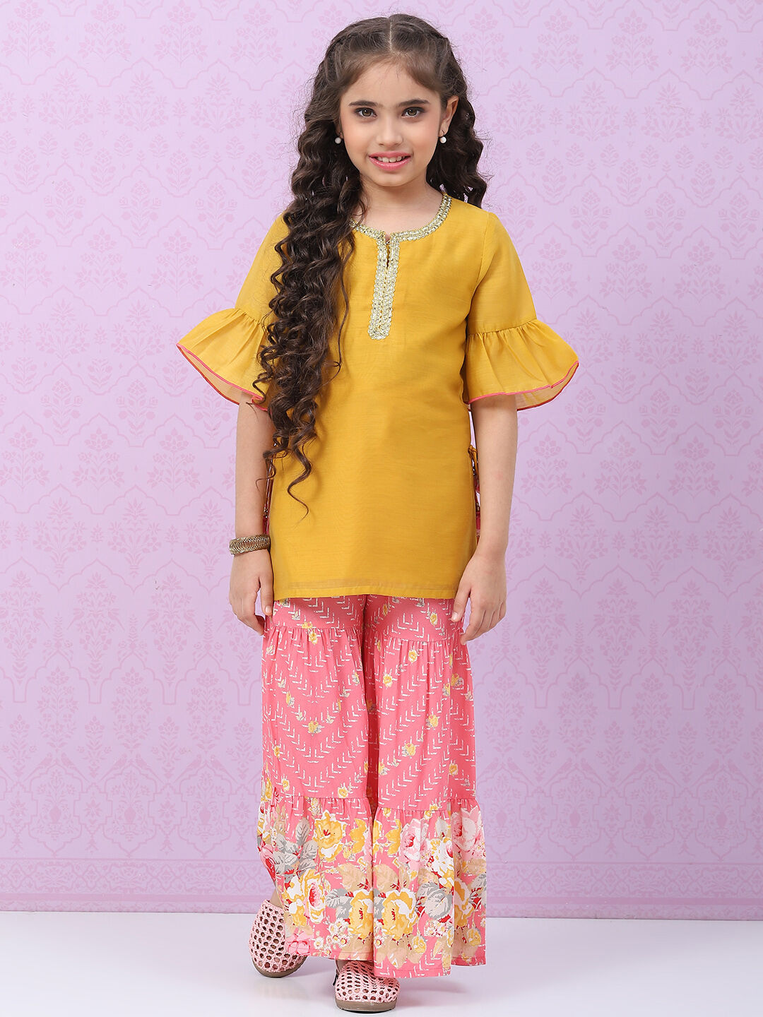 Pink & Yellow Art Silk Straight Kurta Set image number 0