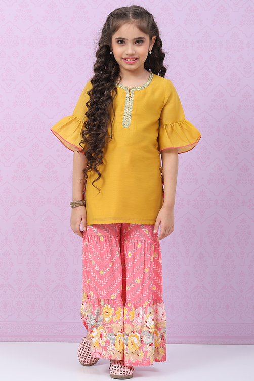 Pink & Yellow Art Silk Straight Kurta Set image number 0