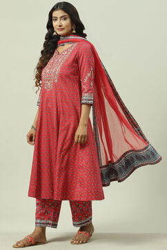 Coral Cotton Kalidar Kurta Narrow Palazzo Suit Set image number 5