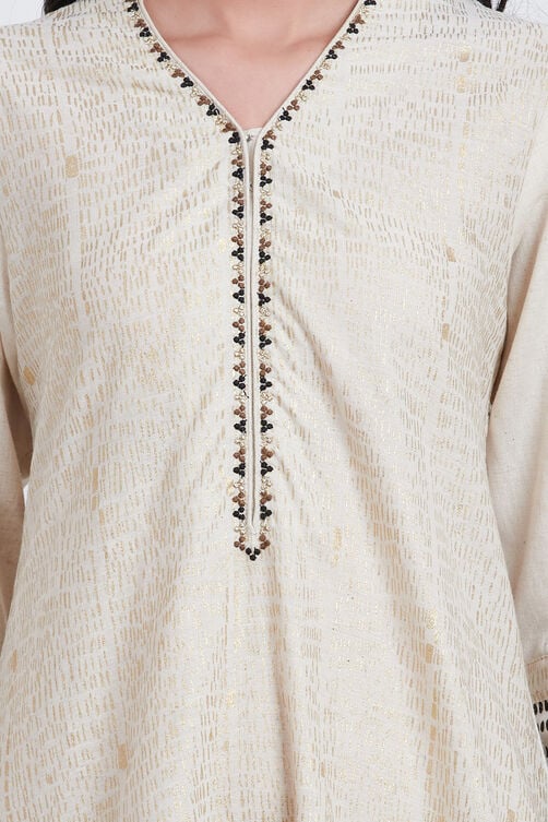 Off White Cotton Flax A-Line Printed Kurta image number 1