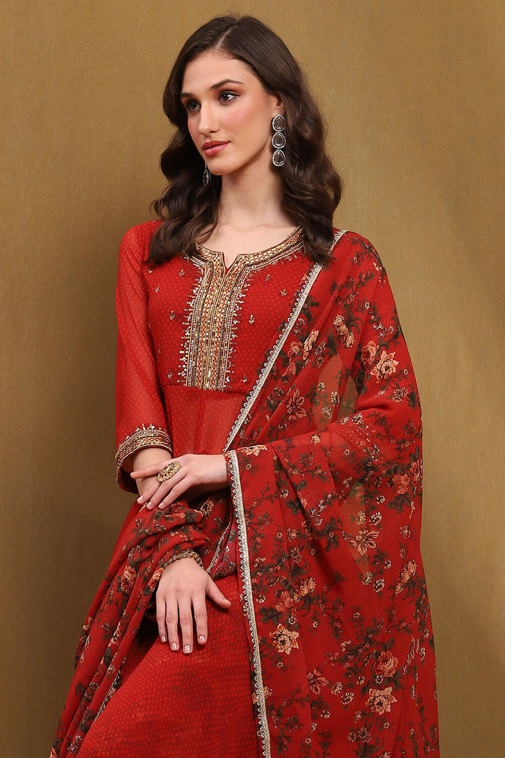 Red Georgette Printed Asymmetric Suit Set image number 7