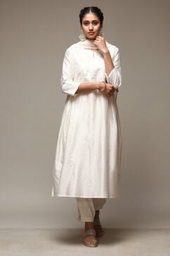 Ivory Cotton Blend Layered Kurta Suit Set image number 8
