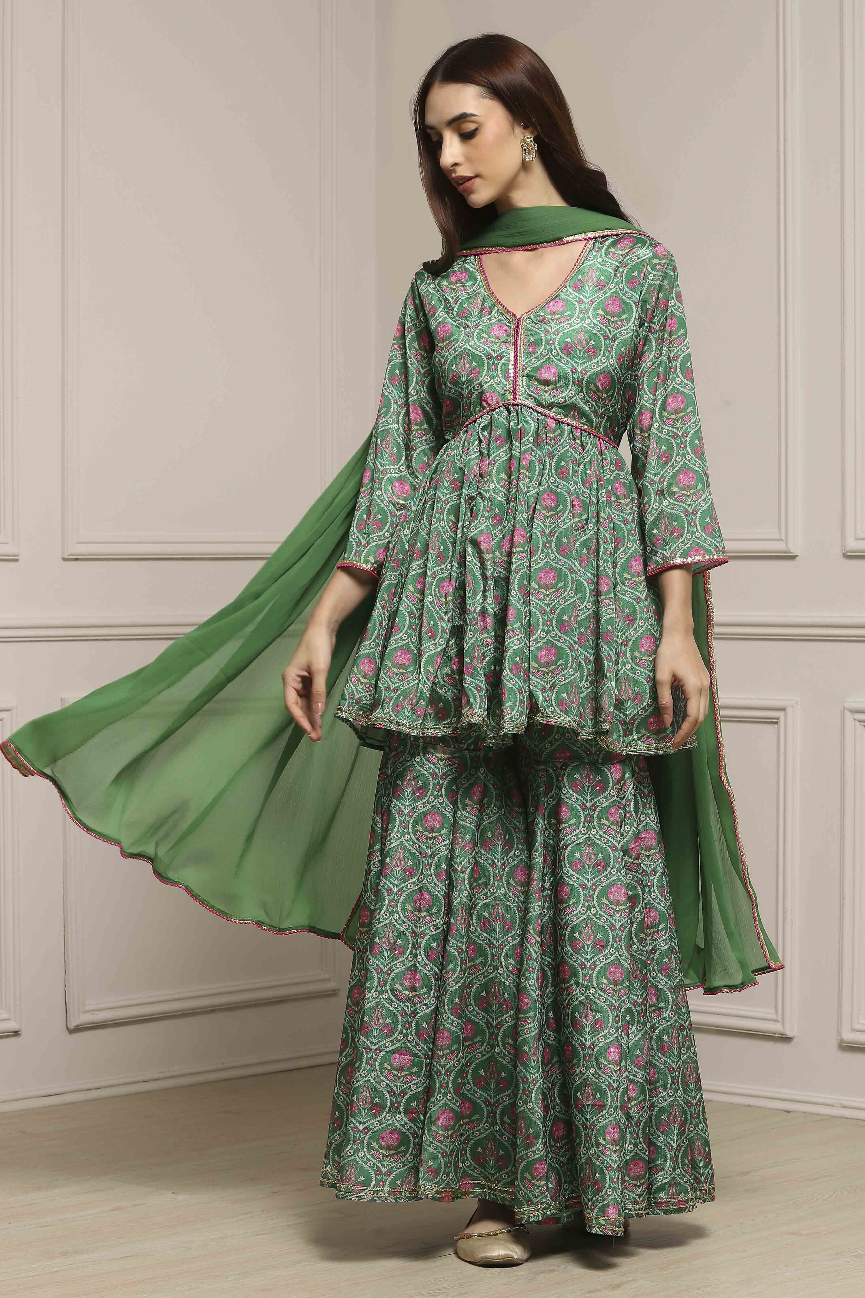Green Art Silk Gathered Garara Set image number 5