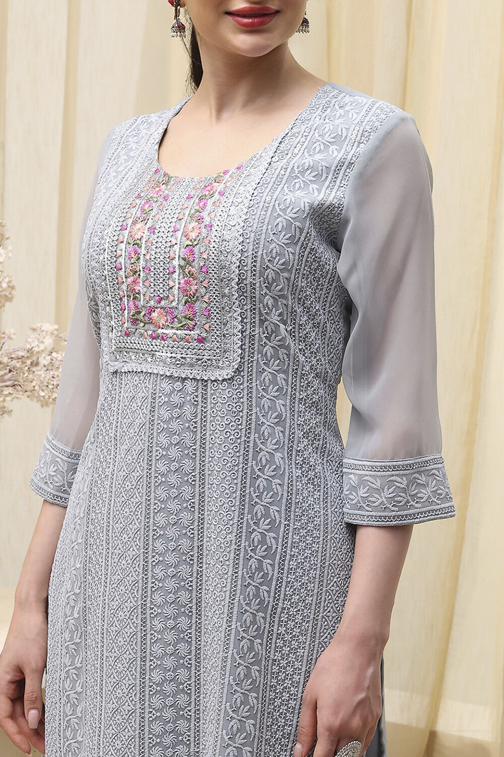 Pink Georgette Schiffly Unstitched Suit Set image number 2