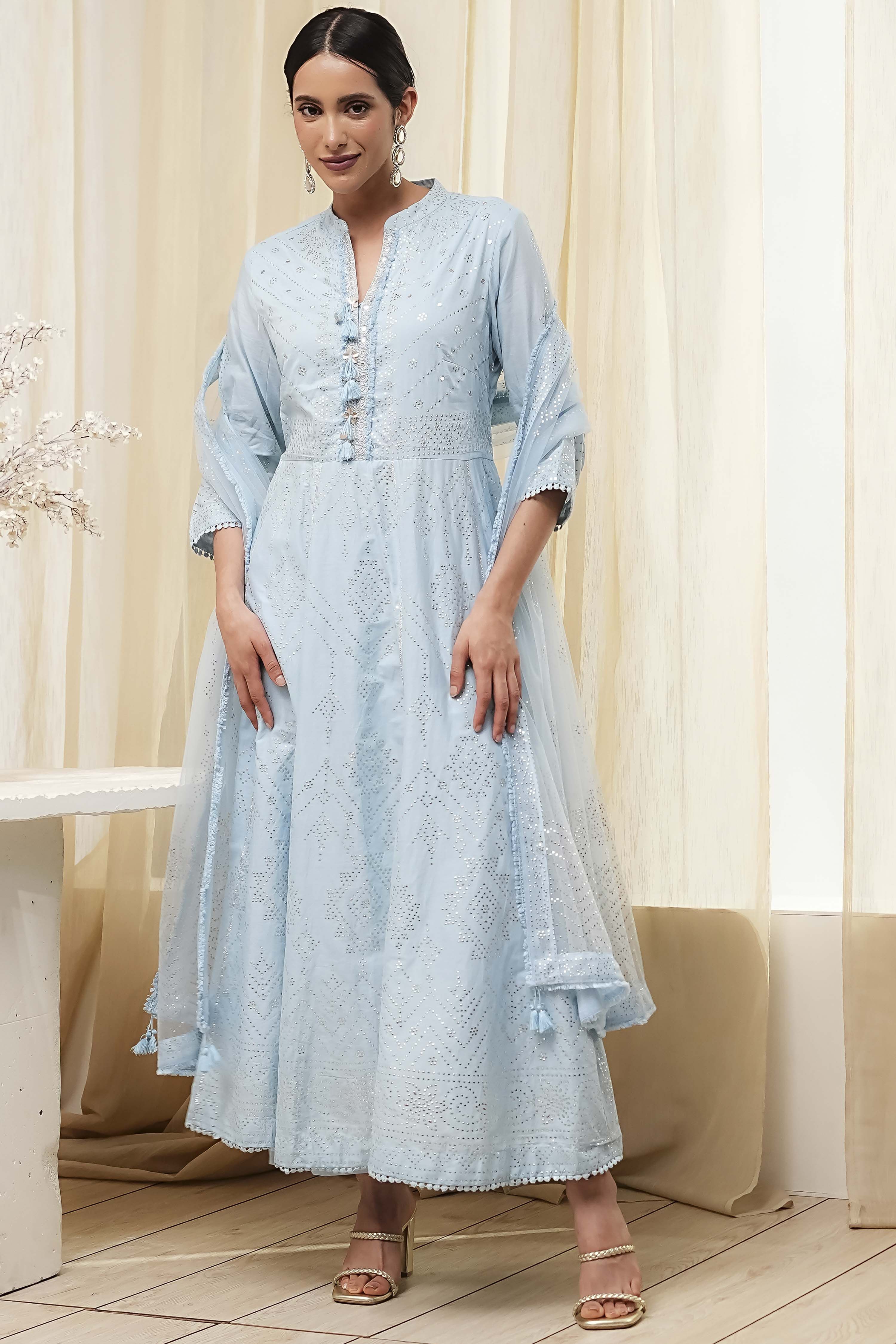 Off-White Cotton Embellished Anarkali Suit Set image number 6