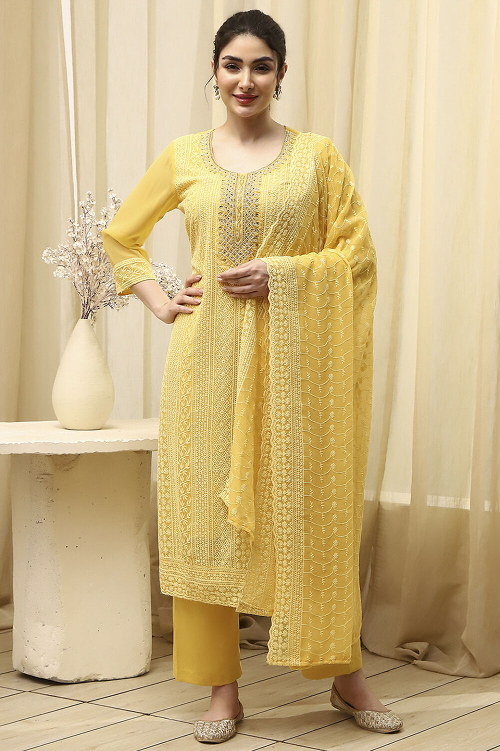 Yellow Georgette Schiffli Unstitched Suit Set image number 7