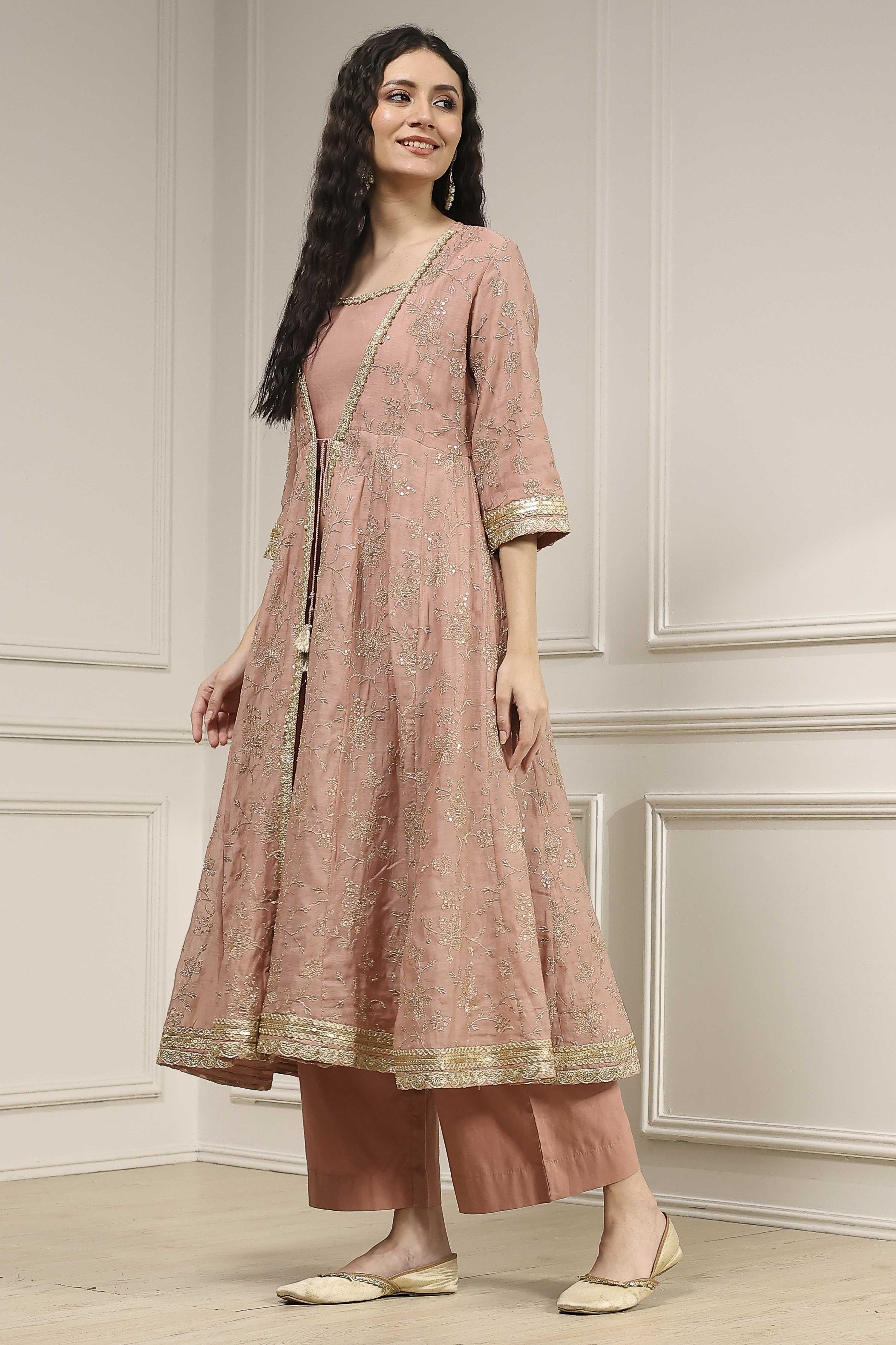 Natural White Embroidered Anarkali Fusion Set image number 3