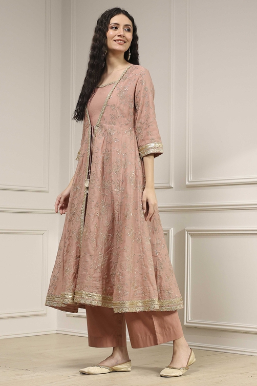 Natural White Embroidered Anarkali Fusion Set image number 3