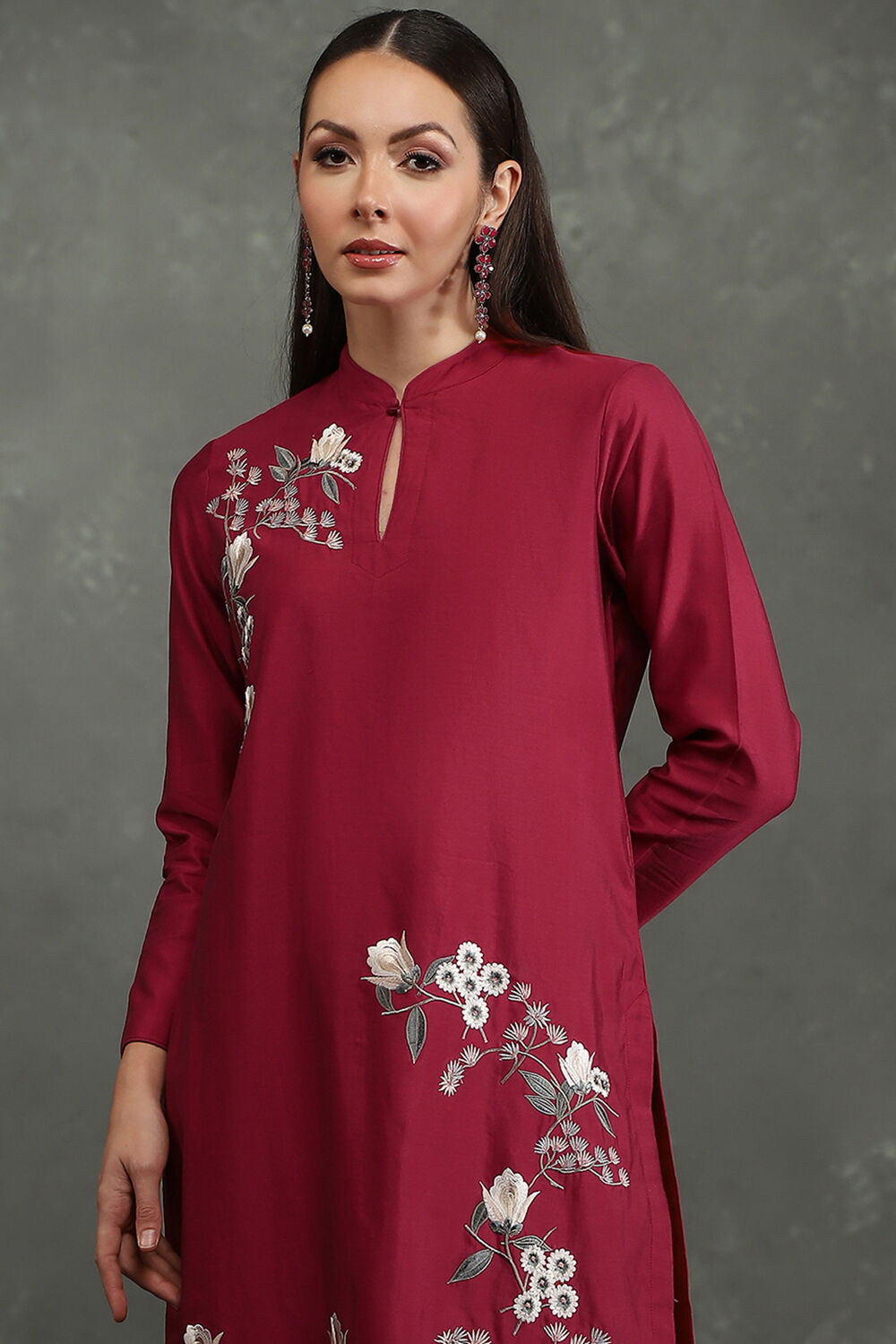 Rohit Bal Maroon Silk Chanderi Floral Straight Suit Set image number 1