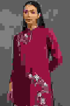 Rohit Bal Maroon Silk Chanderi Floral Straight Suit Set image number 1