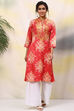 Red Poly Cotton Straight Printed Kurta image number 0