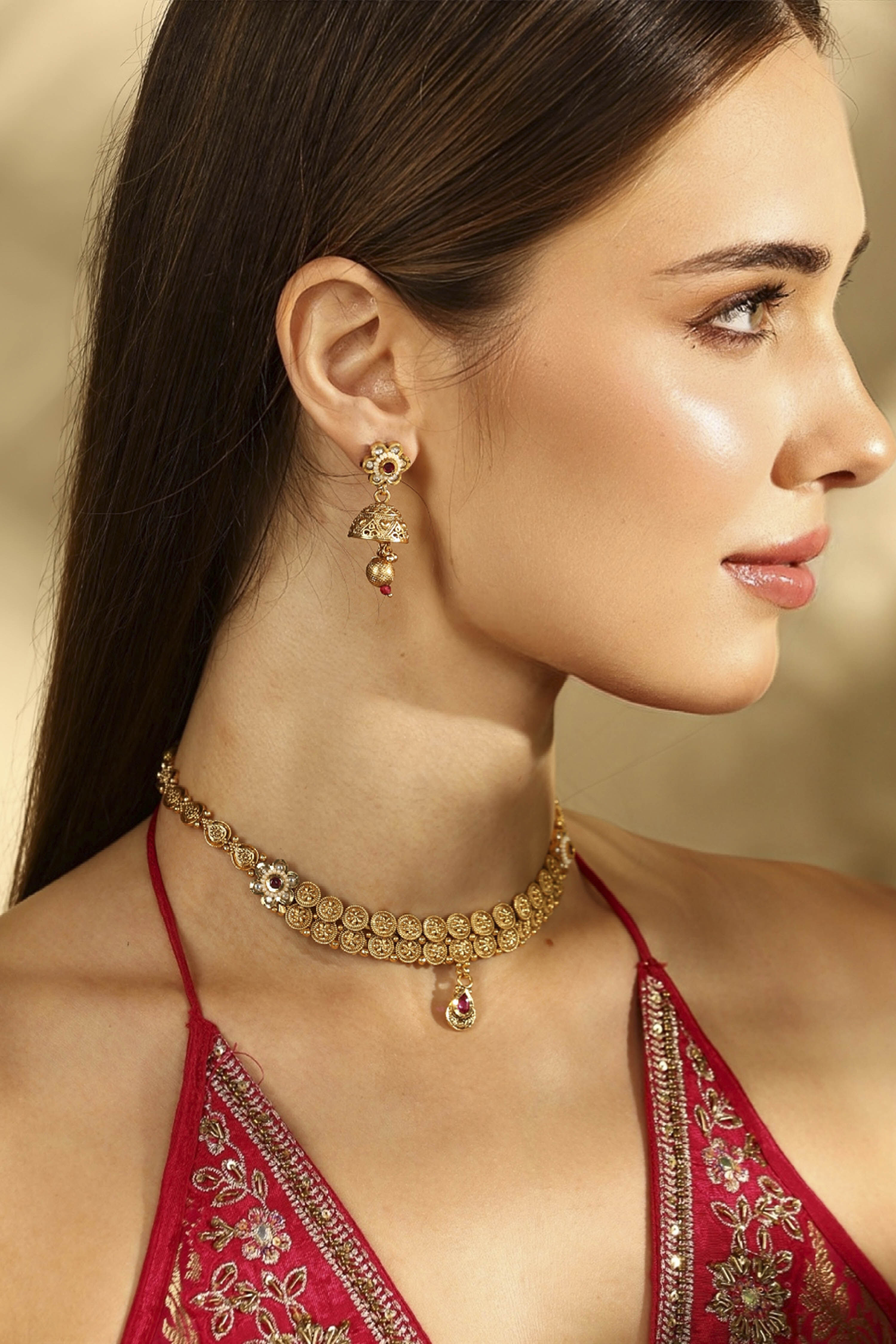 Red Gold-Plated Brass Necklace With Jhumkas image number 1