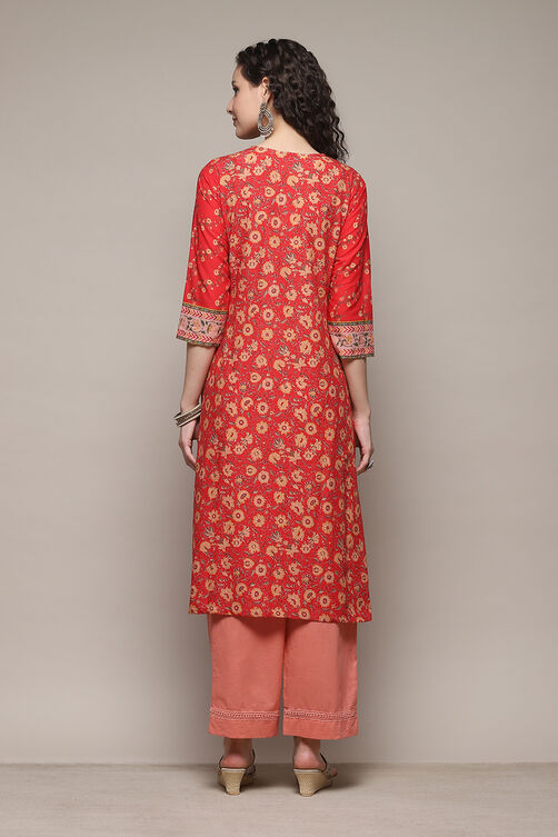 Red Cotton Blend Straight Printed Kurta Narrow Palazzo Suit Set image number 4