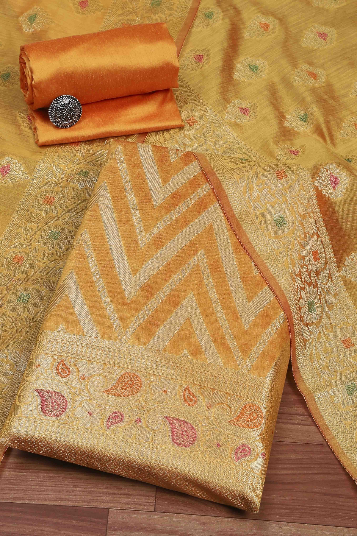 Mustard Cotton Printed Embroidered Unstitched Suit Set