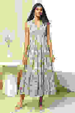 Off-White and Green Cotton Floral Tiered Dress image number 5