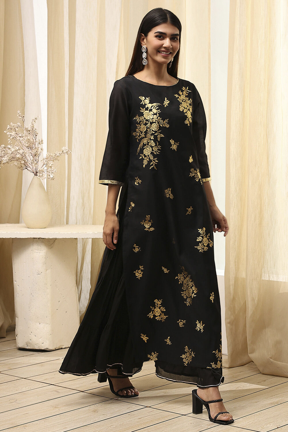 Black Poly Chanderi Layered Tiered Dress image number 4