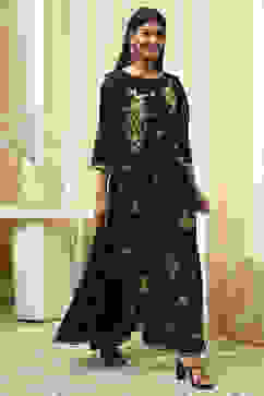 Black Poly Chanderi Layered Tiered Dress image number 4