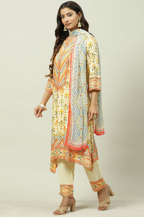 Pale Yellow Rayon Asymmetric Kurta Regular Pant Suit Set image number 0