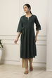 Green Cotton Solid Pleated A-Line Kurta image number 5