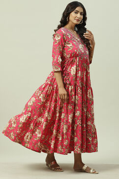 Pink Cotton Tiered Printed Dress image number 3