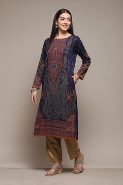 Navy Poly Cotton Straight Yarndyed Kurta image number 2