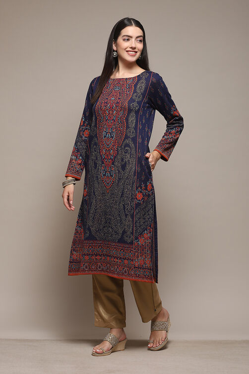 Navy Poly Cotton Straight Yarndyed Kurta Top at Biba India