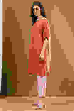 Orange Cotton Printed Straight Suit Set image number 3