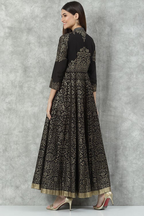 Black Cotton Flared Printed Dress image number 4