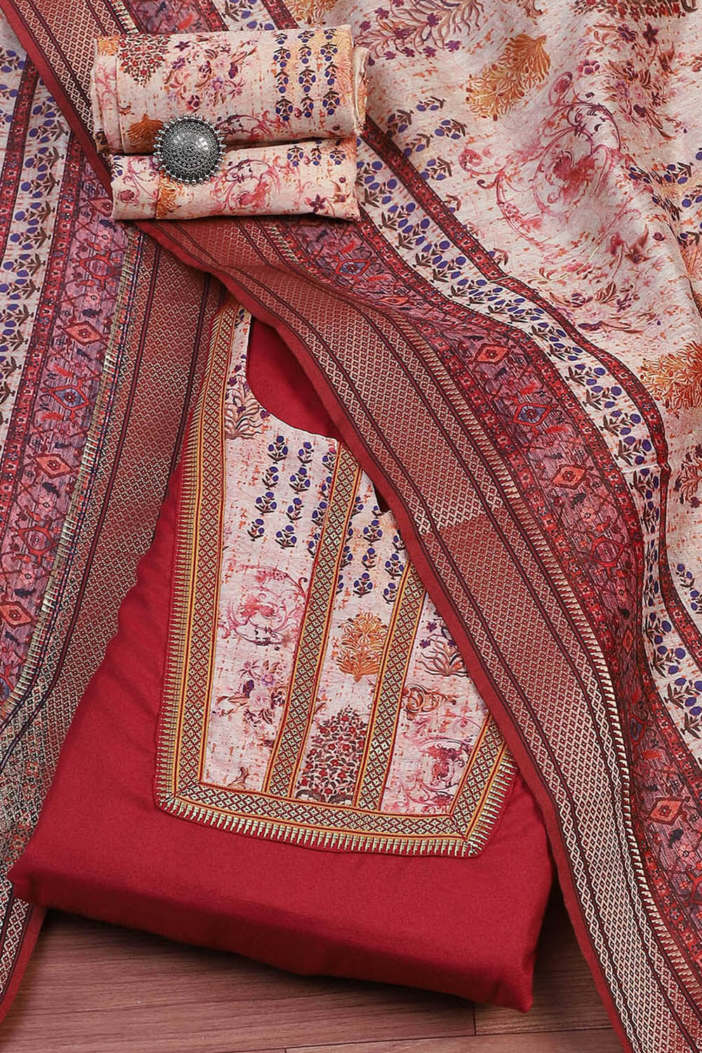 Maroon Cotton Handloom Unstitched Suit Set image number 0