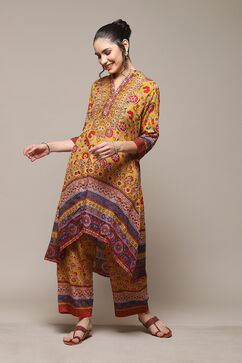 Yellow Polyester Asymmetric Kurta Palazzo Suit Set image number 0