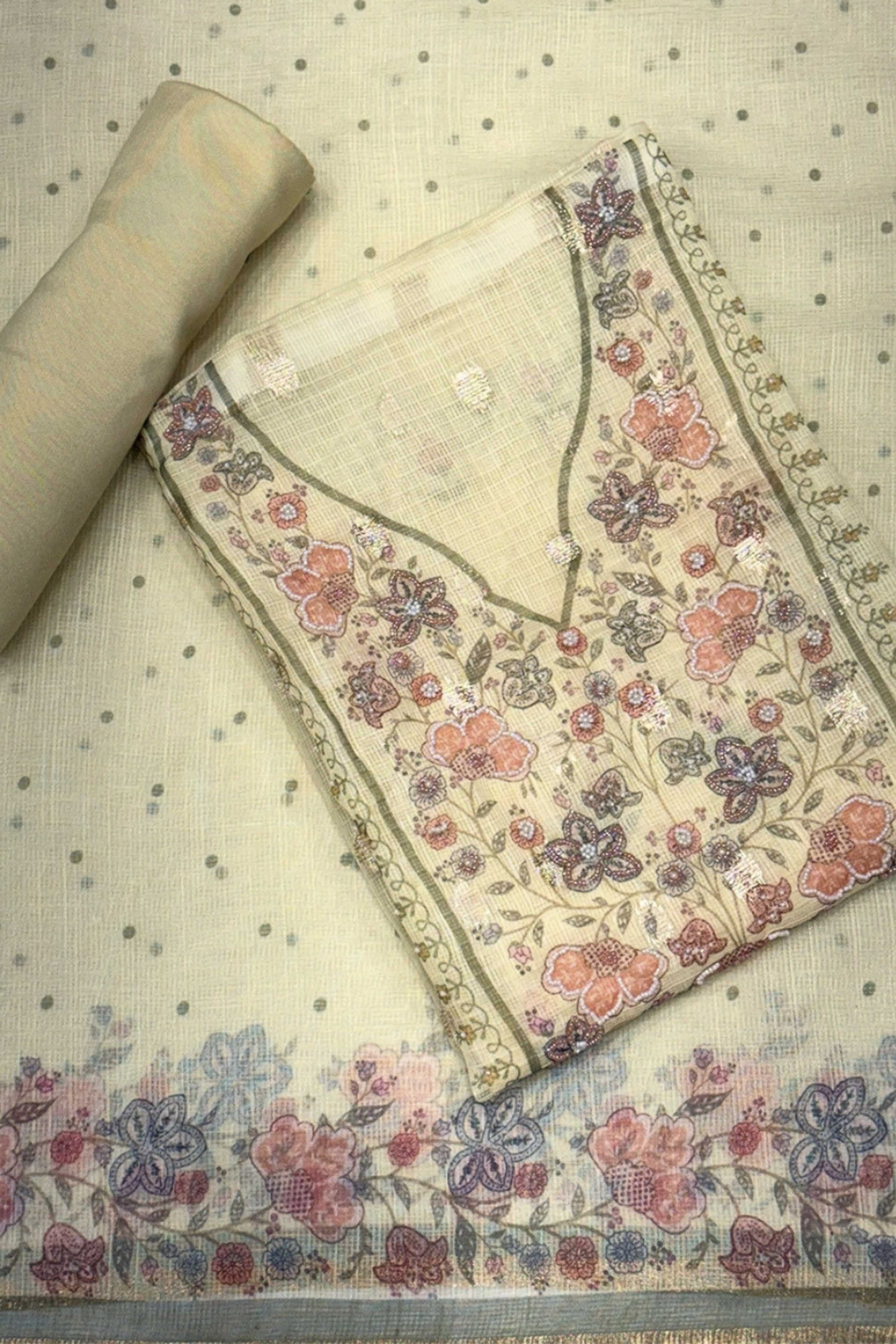 Teal Kota Cotton Neck Embroidered Unstitched Suit Set image number 0