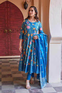 Teal Cotton Printed Anarkali & Churidar Suit Set image number 4