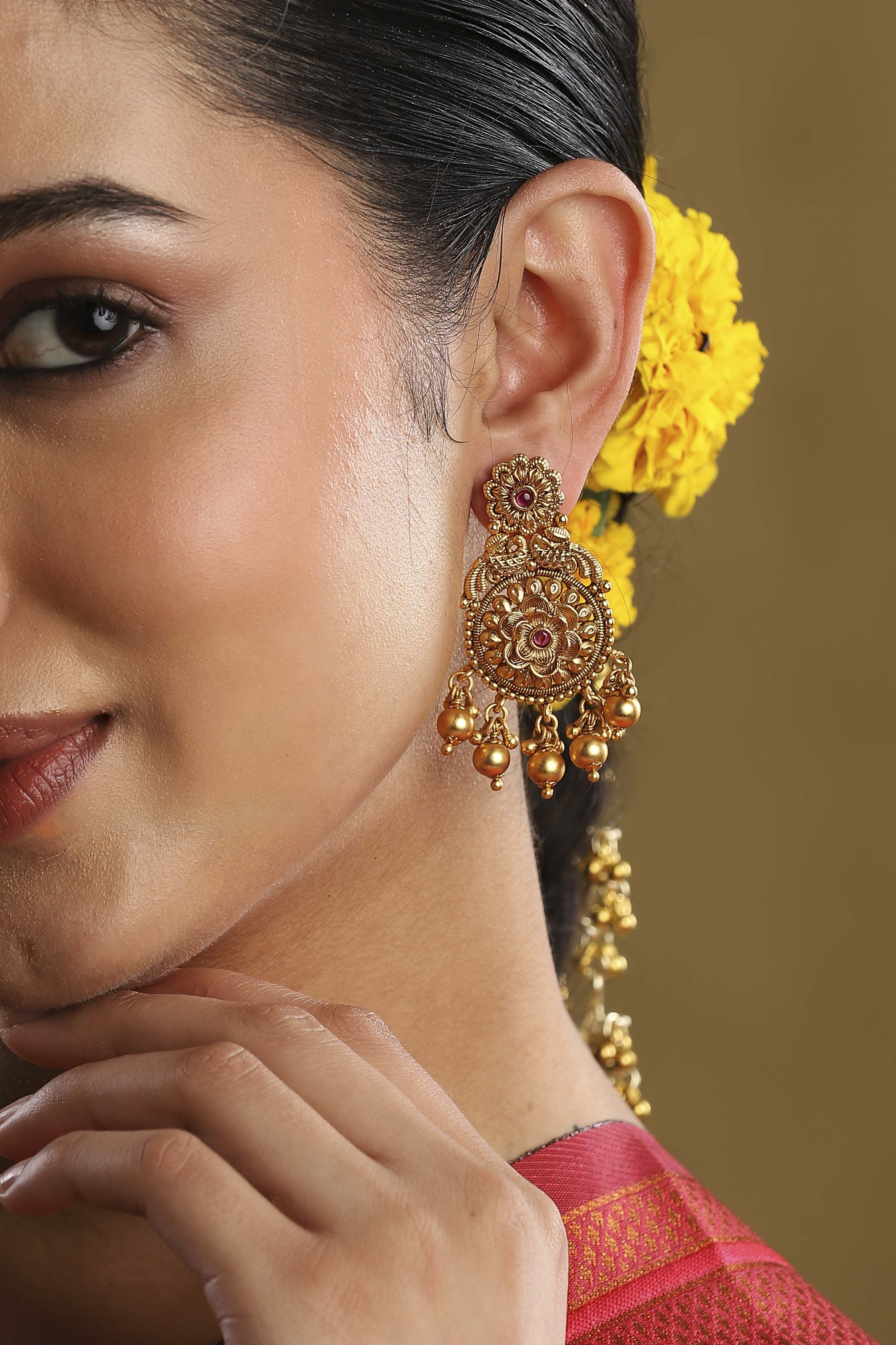 Red Gold Plated Minimal Stone Studded Drop Earrings image number 4